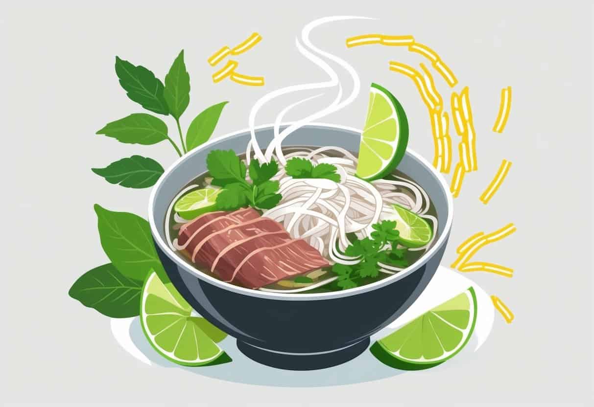 A bowl of pho with rice noodles, beef, herbs, and lime wedges, surrounded by small stylized rice grains and noodle strands.