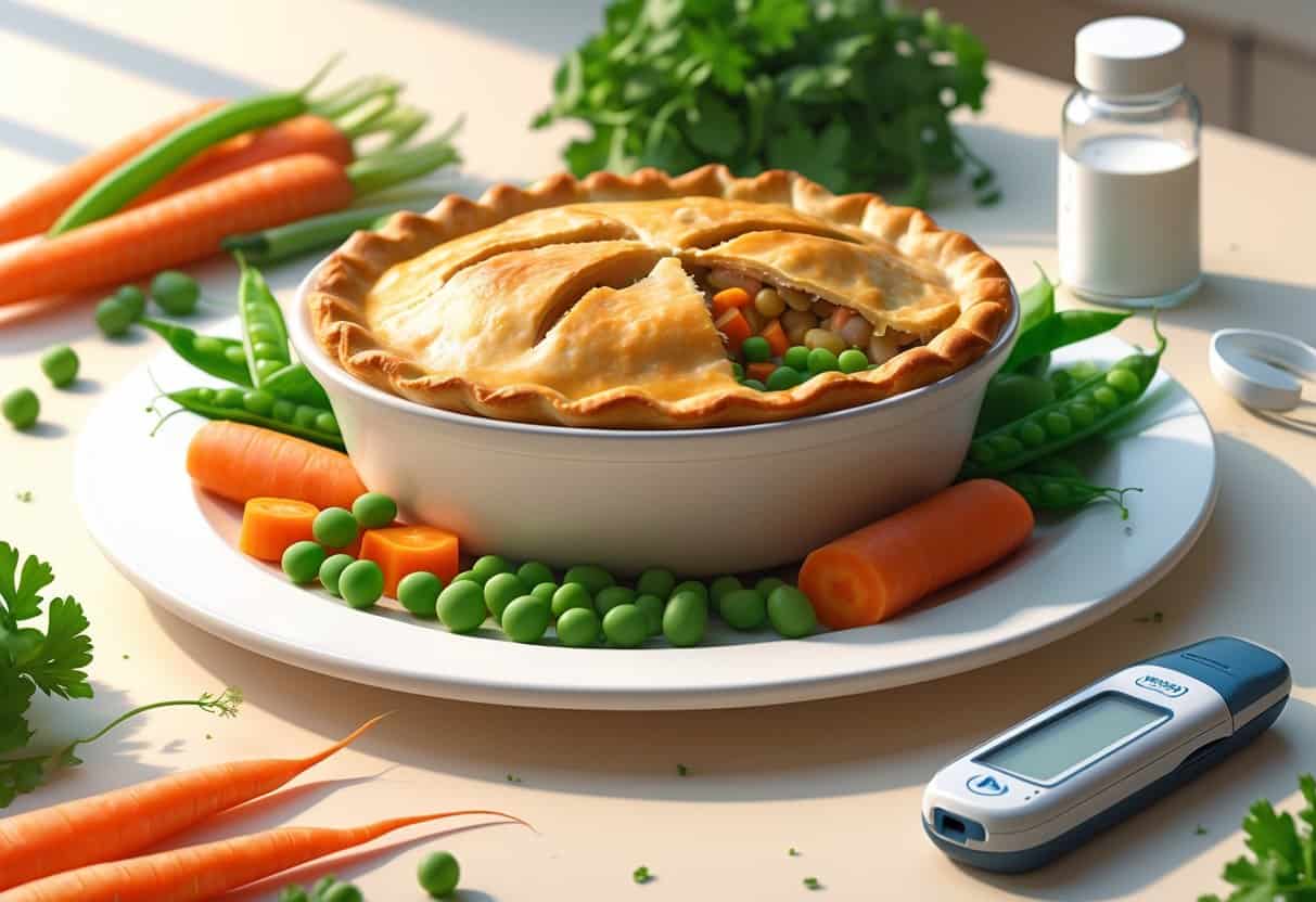 A chicken pot pie on a plate with fresh vegetables nearby and a glucose meter and insulin bottle on a kitchen counter.