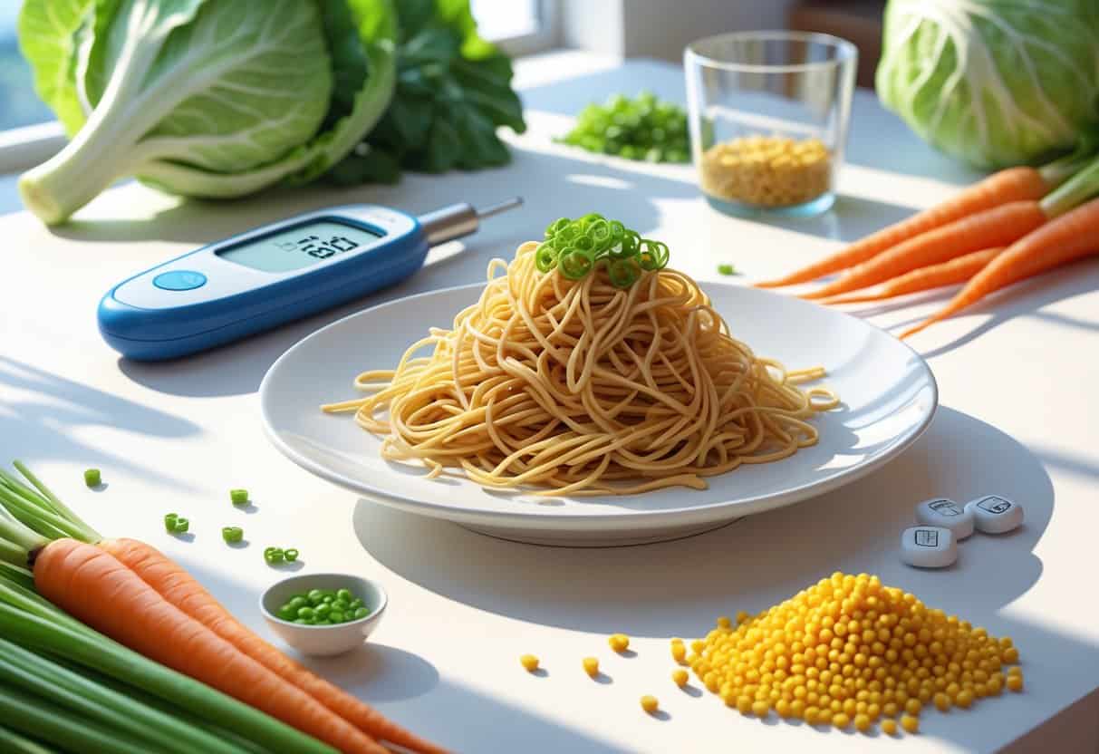 A plate of Yakisoba noodles on a table with a glucose meter and fresh vegetables nearby, suggesting consideration of carbohydrates and blood sugar.