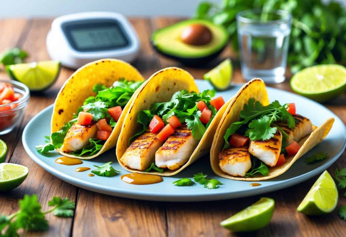 A plate of fish tacos with fresh vegetables and lime wedges on a wooden table, with a glucose monitor and water glass in the background.
