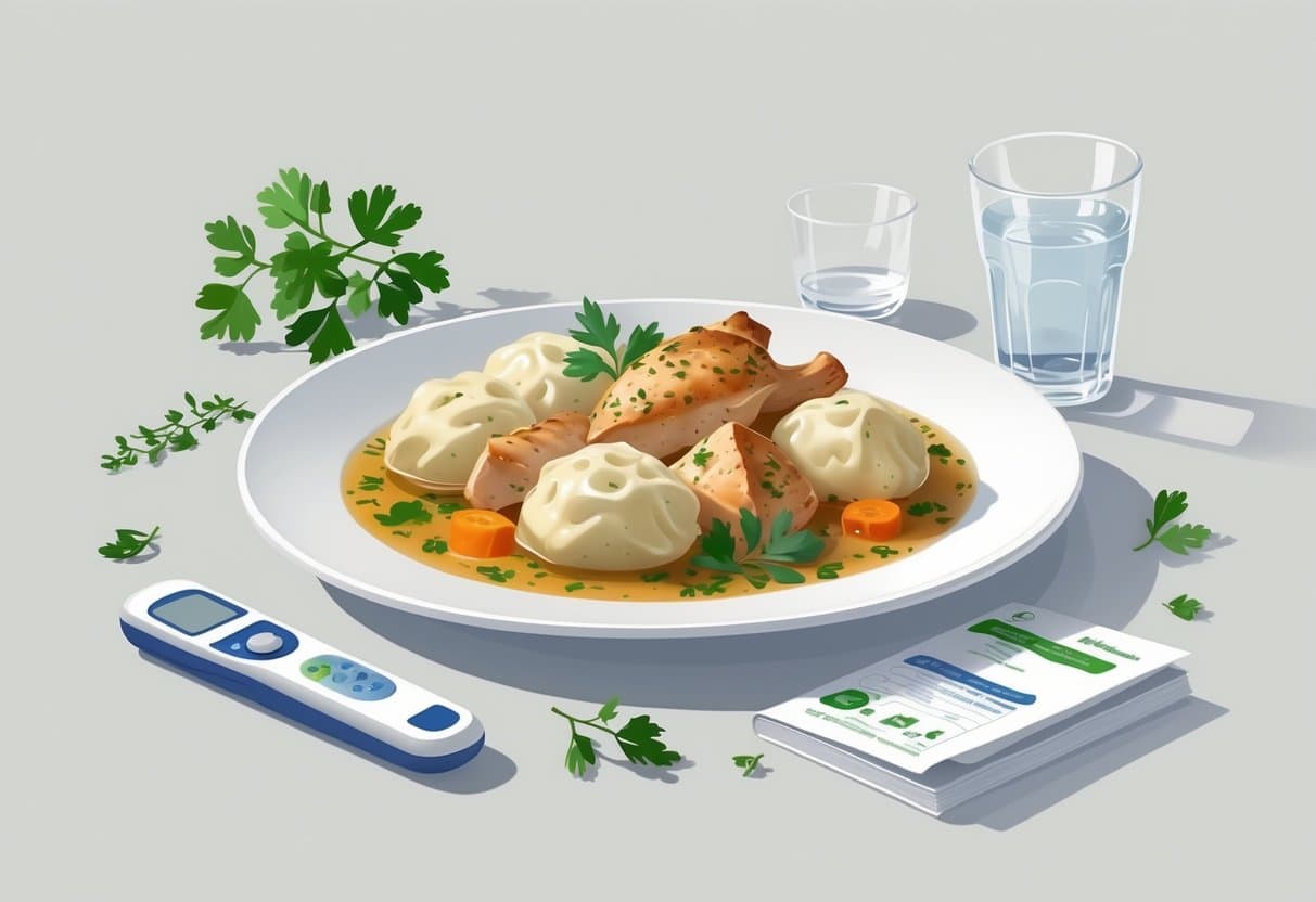 A plate of chicken and dumplings with herbs, accompanied by a glucose meter, a healthy food guide, and a glass of water on a light background.