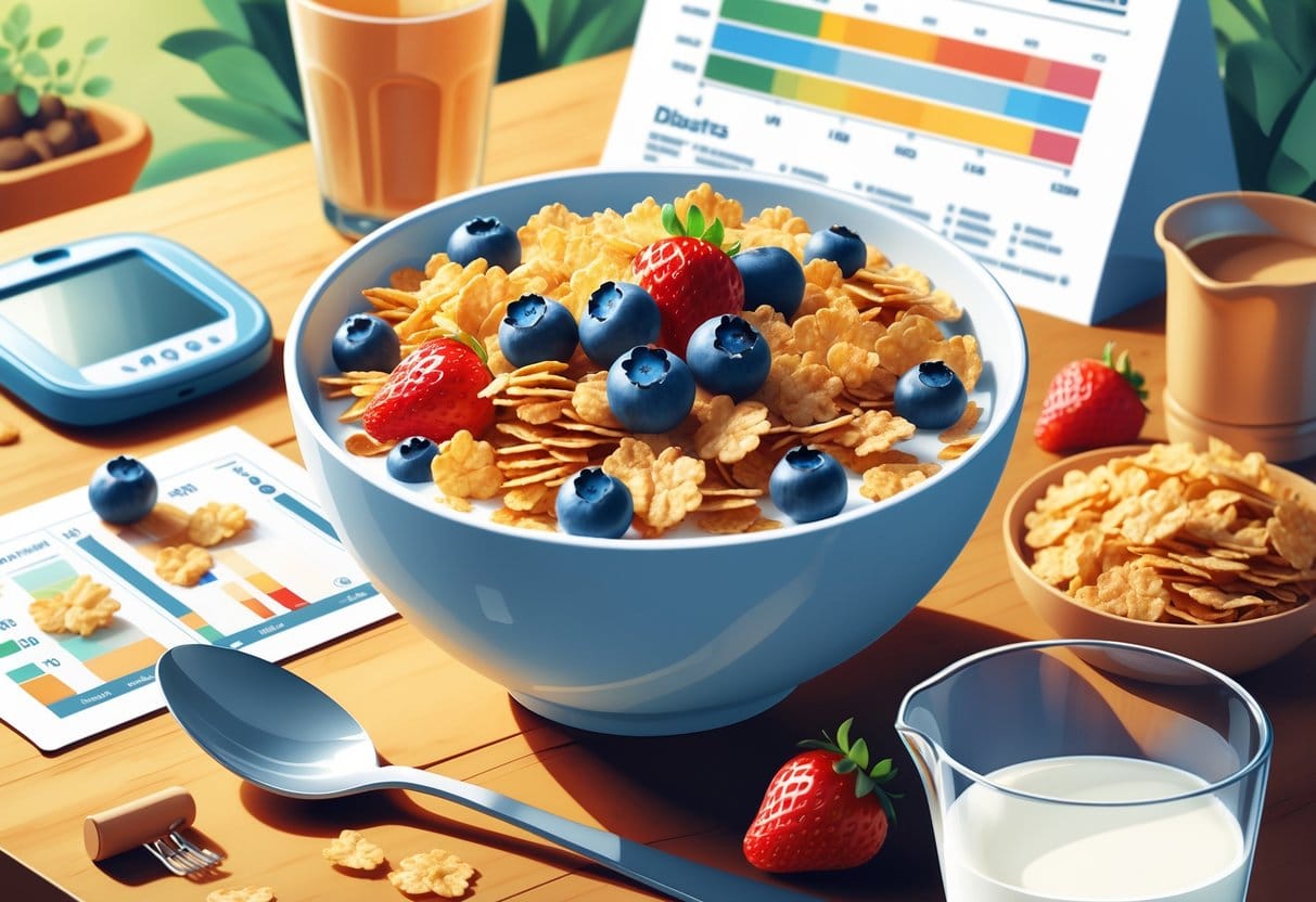 A bowl of bran flakes with fresh berries on a wooden table, accompanied by a glass of water, a small pitcher of milk, a glucometer, and a nutrition chart in the background.