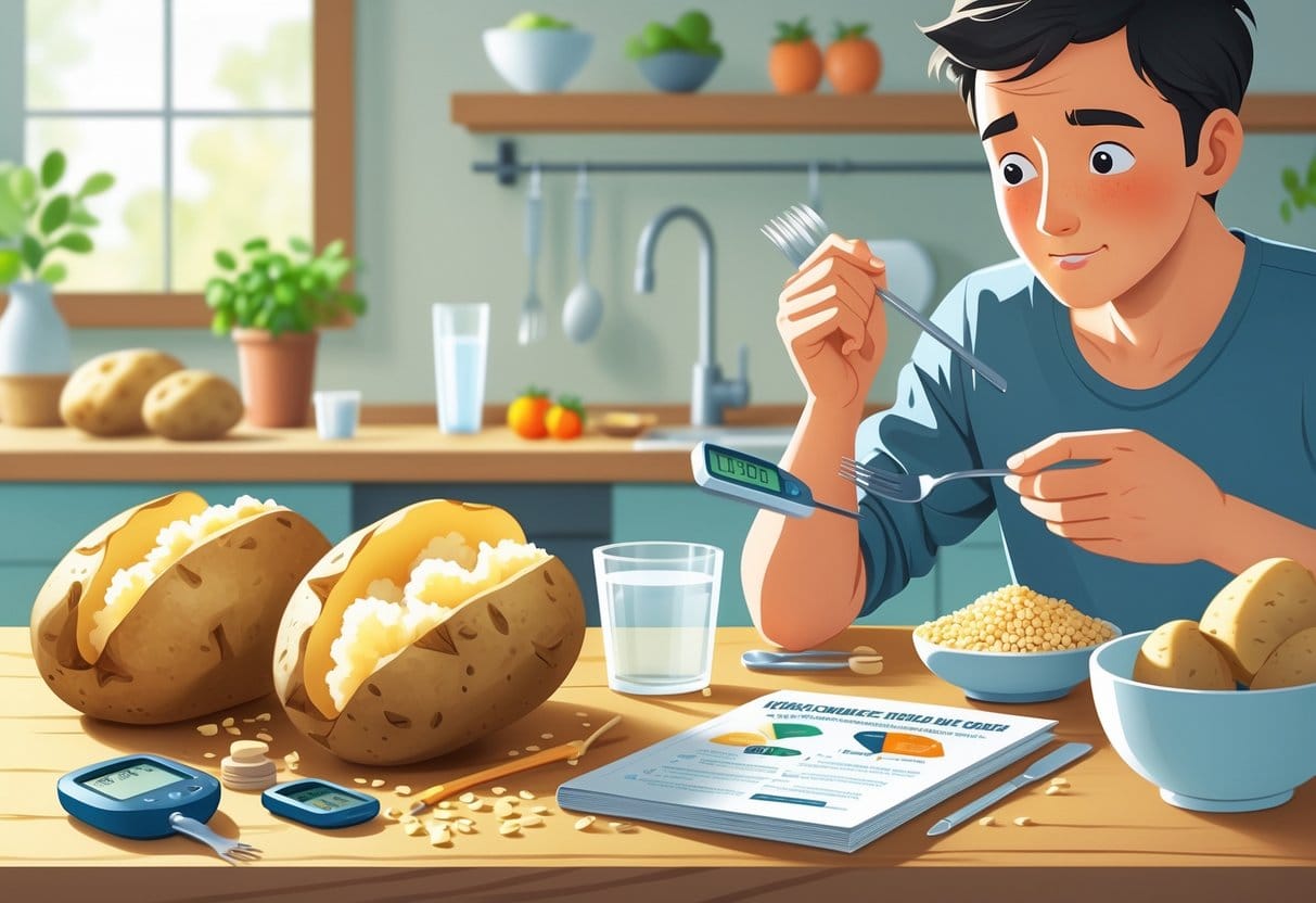 A person examining baked potatoes on a table with a glucose meter and a food guide, suggesting consideration of their suitability for diabetics.