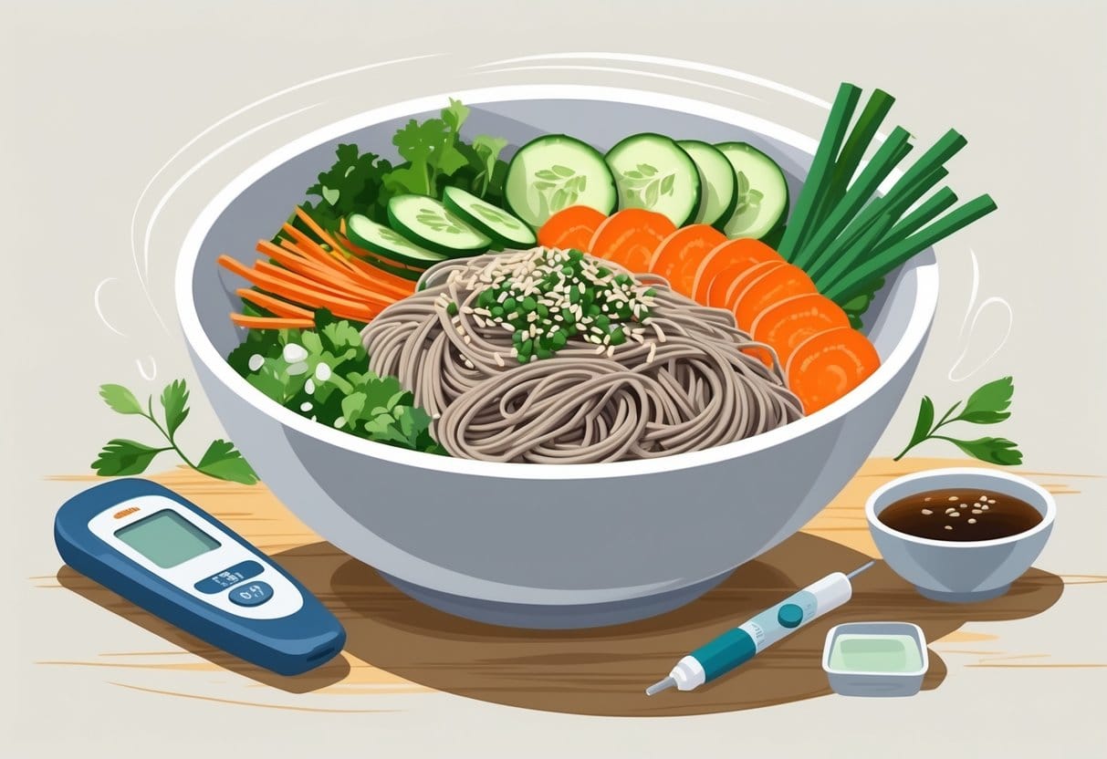 A bowl of soba noodles with fresh vegetables on a table, accompanied by a glucose meter and insulin pen nearby.