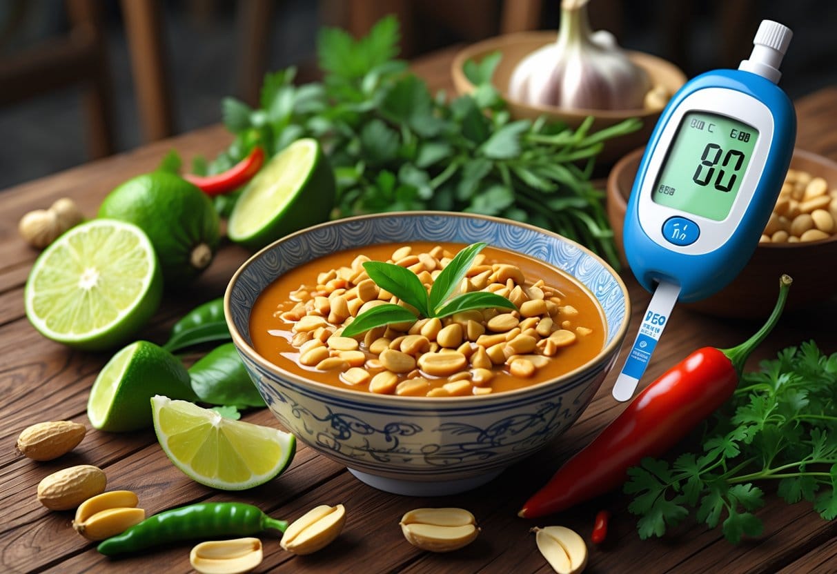 A bowl of Thai peanut sauce with fresh ingredients and a glucose meter nearby on a wooden table.