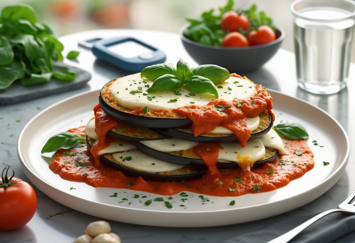 A plate of eggplant parmesan with melted cheese and tomato sauce, surrounded by a glucometer, fresh vegetables, and a glass of water on a kitchen table.