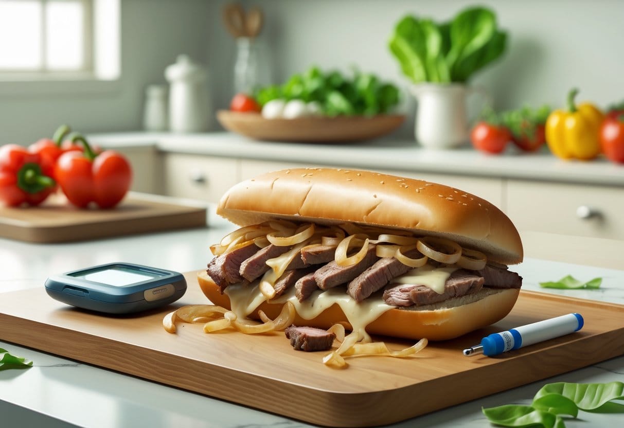 A Philly cheesesteak sandwich on a cutting board next to a glucose meter and insulin pen, with fresh vegetables in the background.