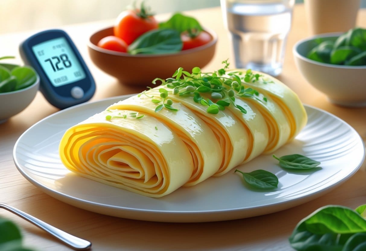 A plate of sliced tamagoyaki with a glucometer, fresh vegetables, and a glass of water on a table.