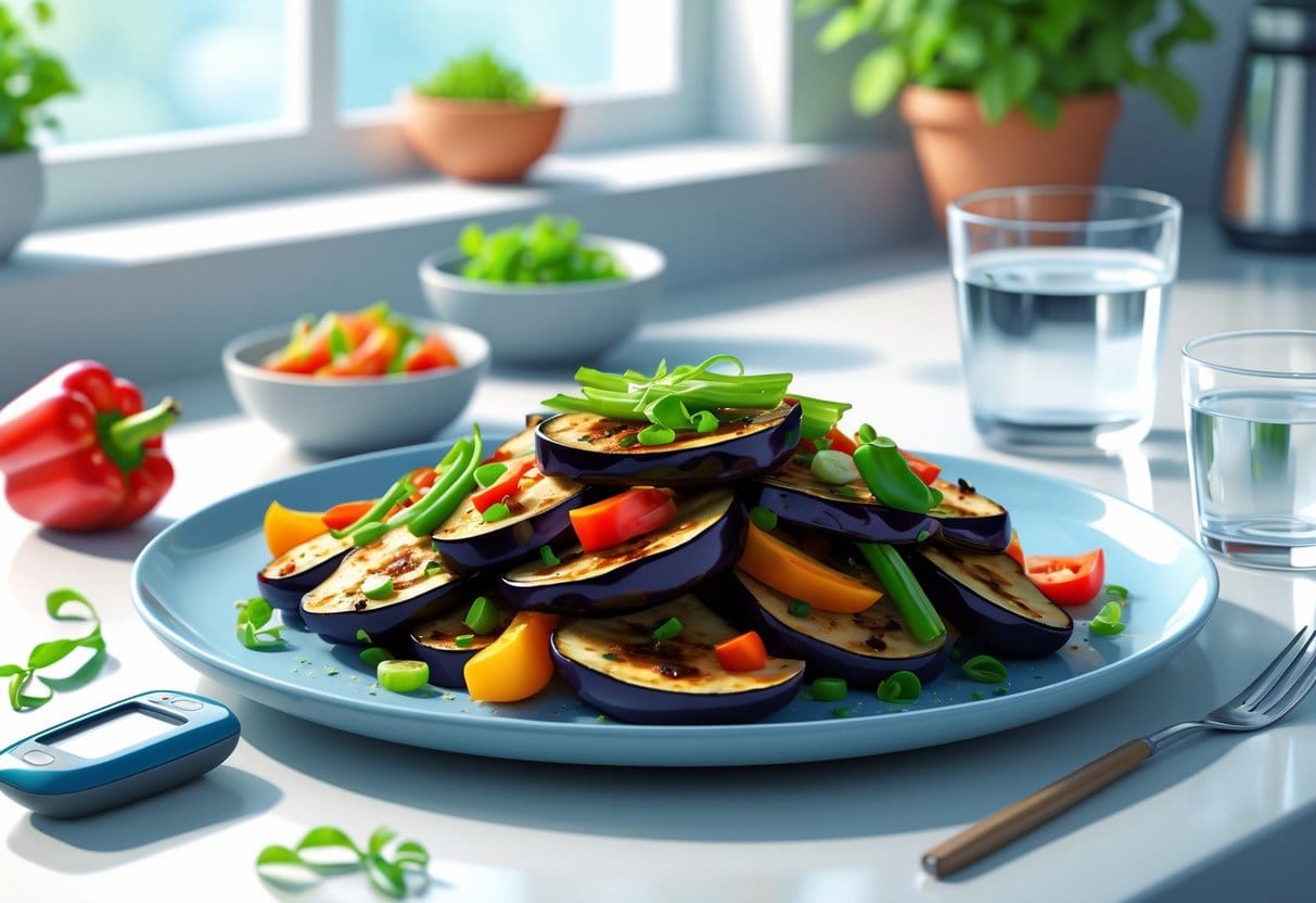A plate of stir-fried eggplant with vegetables on a kitchen counter next to a glucometer and a glass of water.