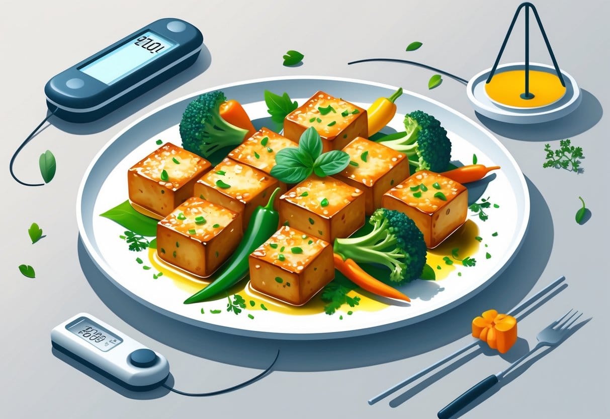 A plate of marinated tofu with fresh vegetables and a glucose meter showing a normal reading nearby.