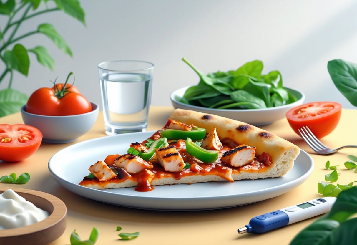 A plate with a slice of BBQ chicken pizza alongside fresh vegetables and a glass of water, with a glucose monitor nearby.