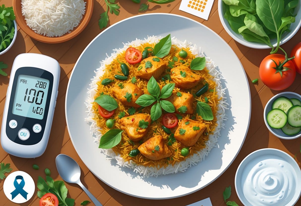 A plate of chicken biryani with a glucose monitor and fresh vegetables on a table, symbolizing diabetes and nutrition.
