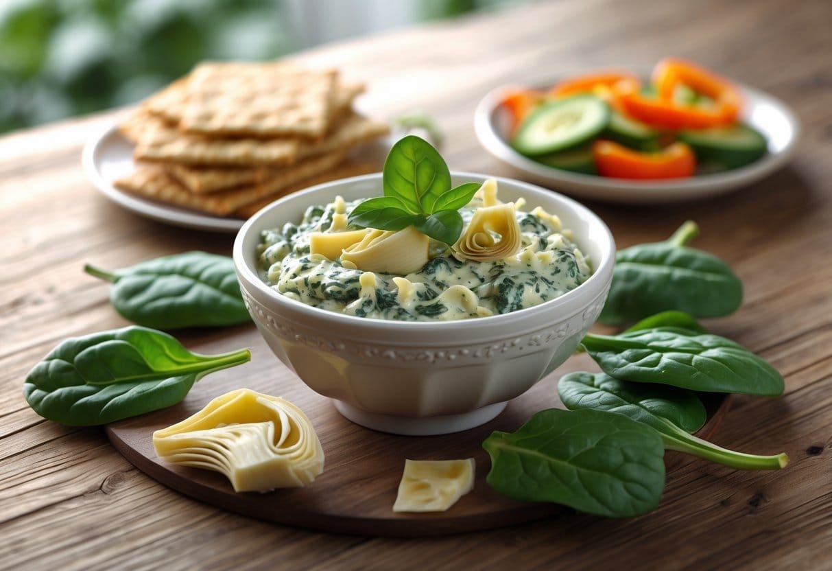 A bowl of spinach and artichoke dip with fresh spinach leaves, artichoke hearts, whole grain crackers, and sliced vegetables on a wooden table.