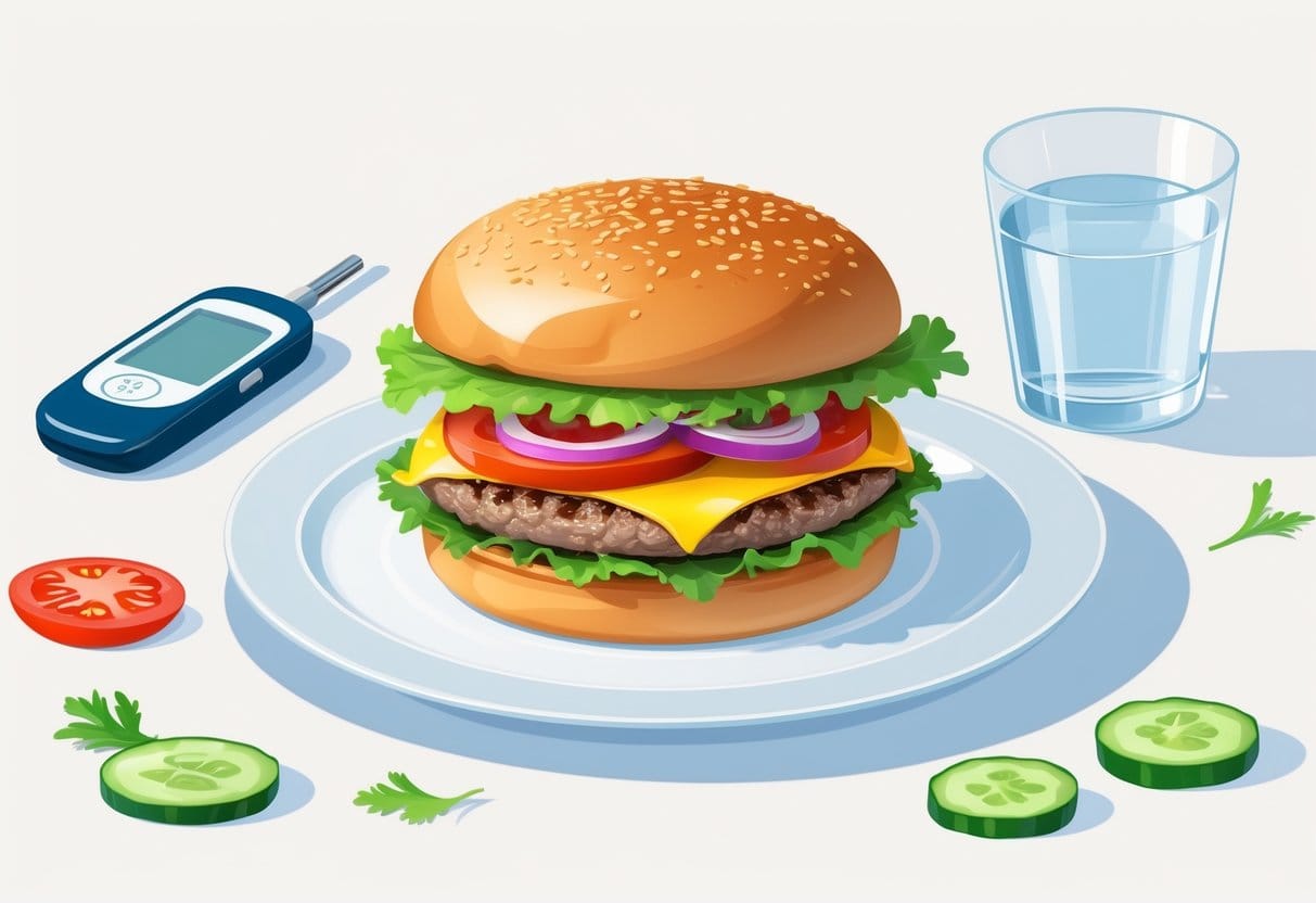 A cheeseburger without the bun on a plate with a blood glucose meter and vegetable slices nearby.