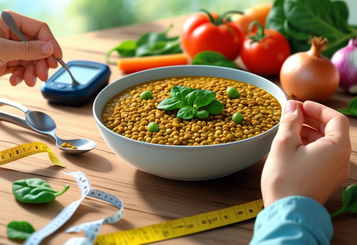 A bowl of curried lentils on a table with fresh vegetables, a glucose monitor, and a measuring tape nearby, with hands about to eat.