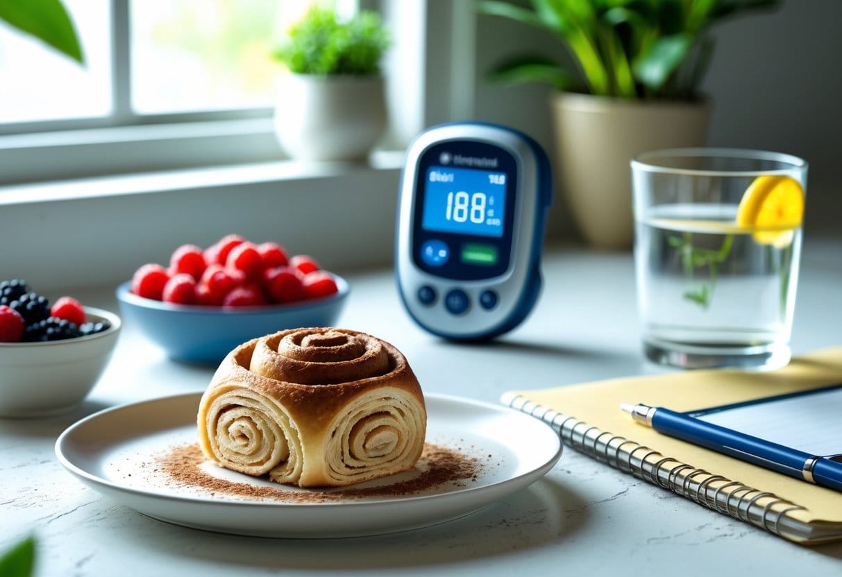A kitchen table with a plate holding a cinnamon roll, a bowl of berries, a glass of water with lemon, a glucometer, and a notebook with a pen.
