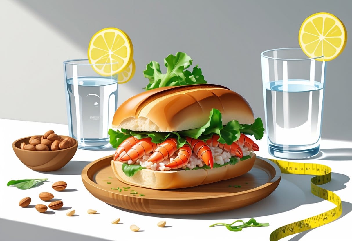 A lobster roll on a wooden plate with lettuce, a bowl of nuts, a glass of water with lemon, and a measuring tape nearby.