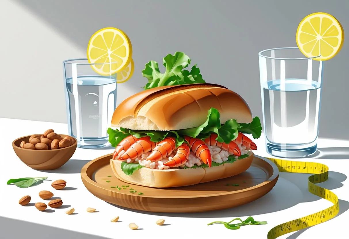 A lobster roll on a wooden plate with lettuce, a bowl of nuts, a glass of water with lemon, and a measuring tape nearby.
