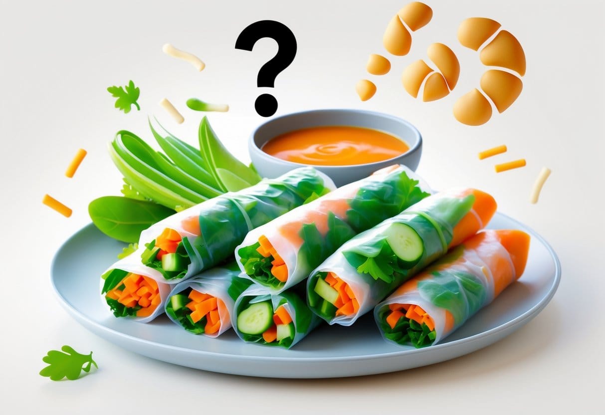 A plate of fresh veggie spring rolls with colorful vegetable fillings and a bowl of dipping sauce, accompanied by icons representing carbohydrates with a question mark above them.