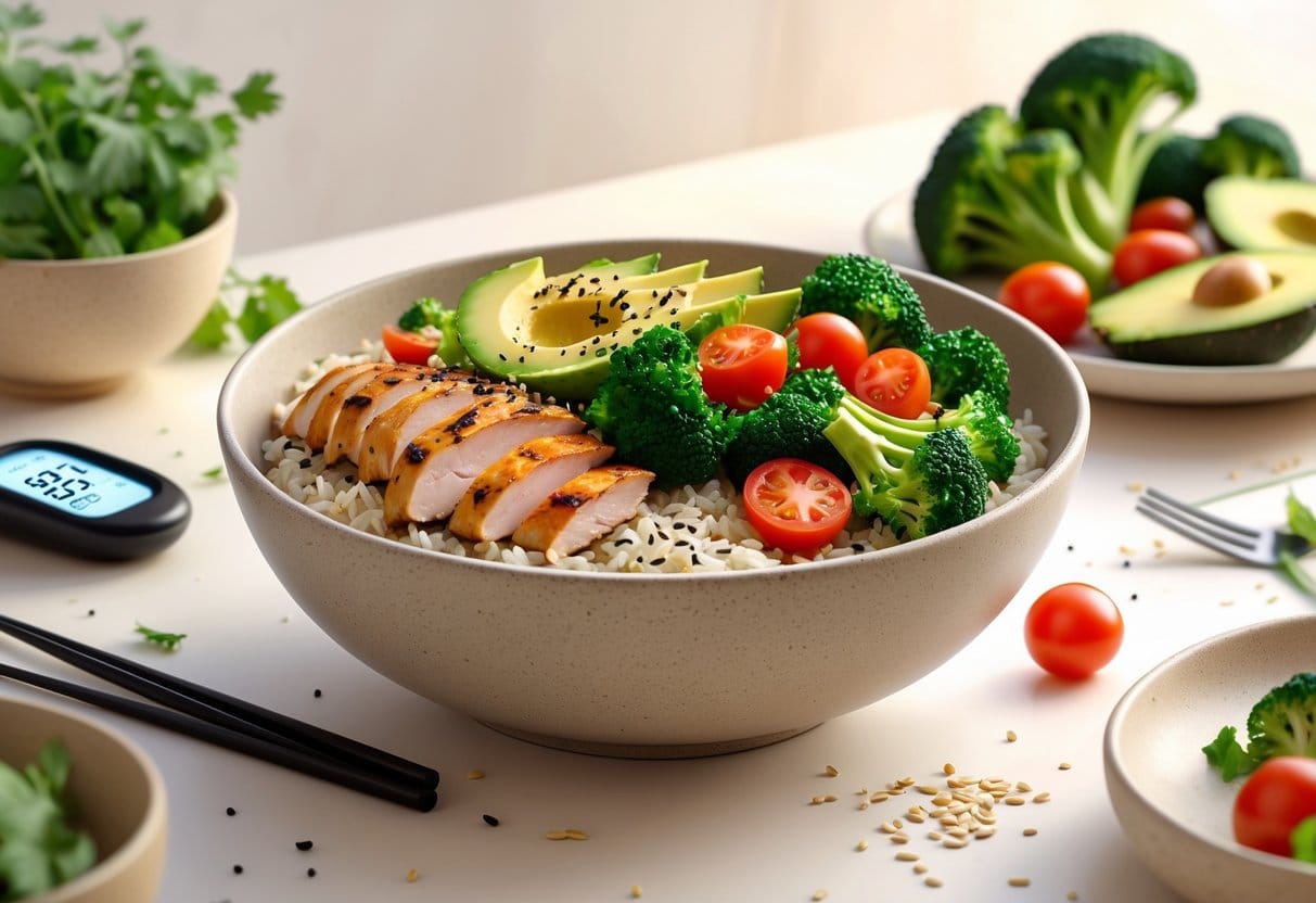 A close-up of a restaurant rice bowl with brown rice, grilled chicken, broccoli, avocado, and cherry tomatoes, alongside a glucose meter and fresh vegetables.
