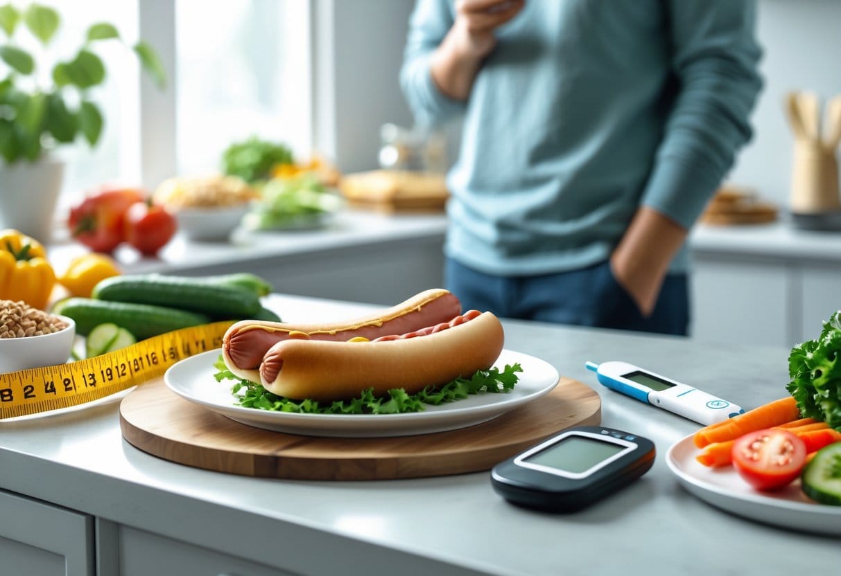 A kitchen countertop with a plate of hot dog and healthy foods, a glucose meter, and a person in the background considering food choices.