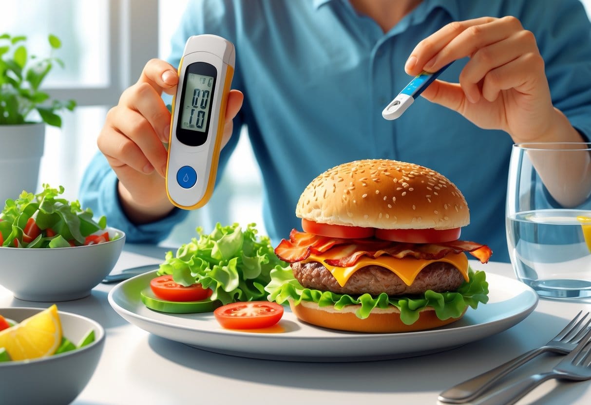 A person thoughtfully looking at a bacon cheeseburger on a plate with fresh vegetables and a glucose meter in their hand at a dining table.