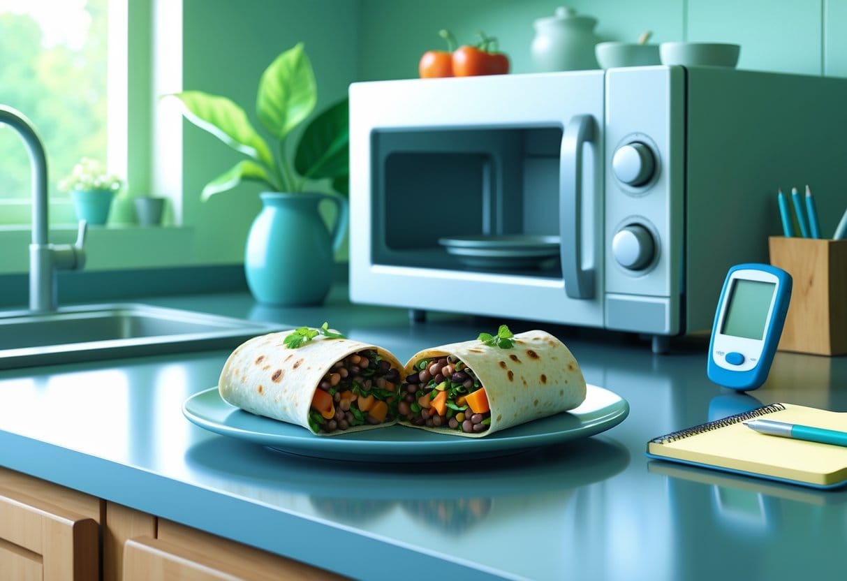 A kitchen countertop with a microwave, a plated burrito cut in half, a glucose meter, and a notebook with a pen.