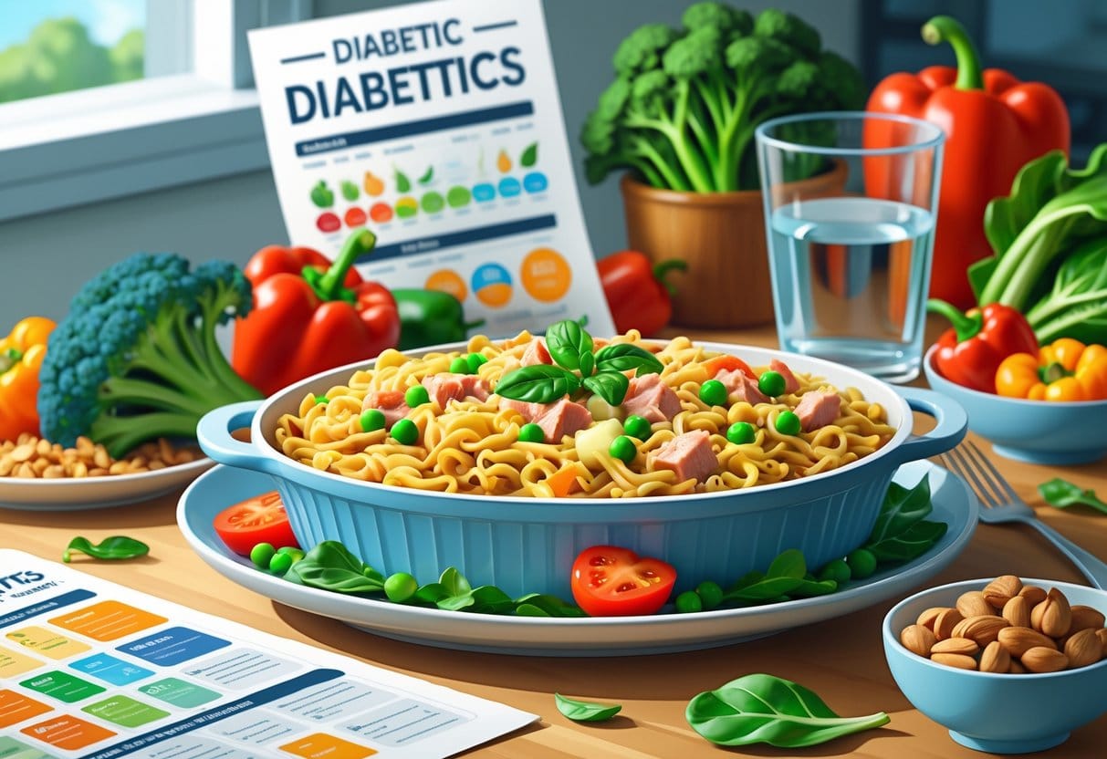 A kitchen table with a serving dish of tuna noodle casserole surrounded by fresh vegetables and a glass of water, suggesting a healthy meal for diabetics.