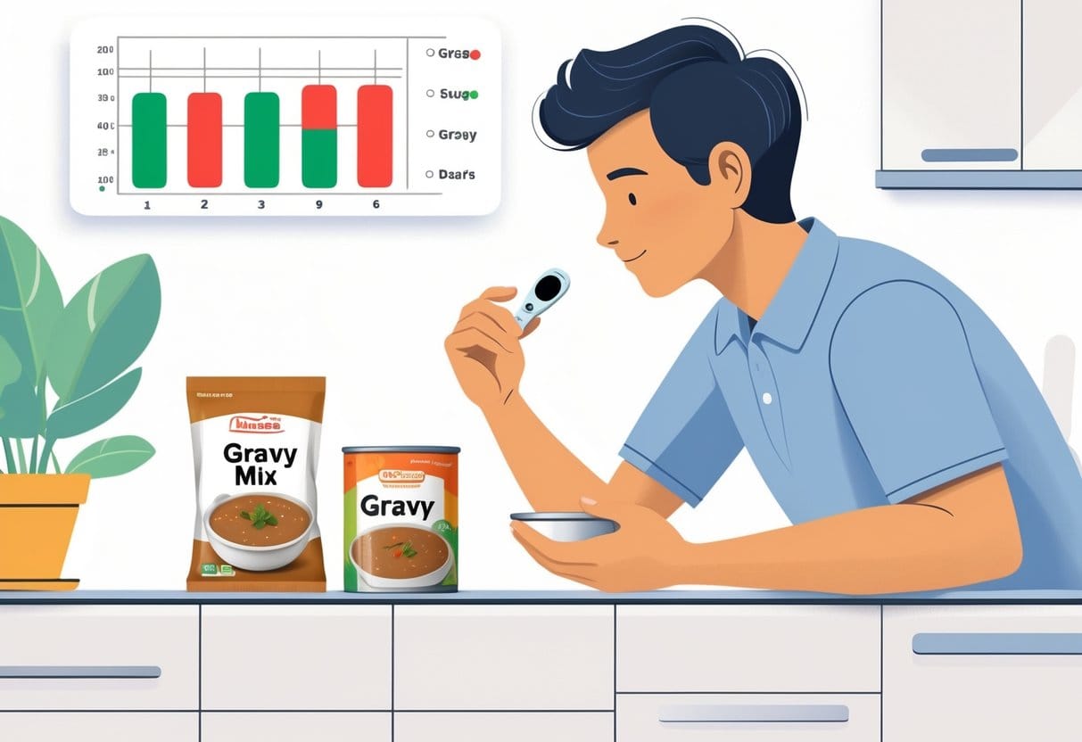 A person in a kitchen compares a gravy packet and a can of gravy while holding a glucose meter, with a chart showing blood sugar levels in the background.