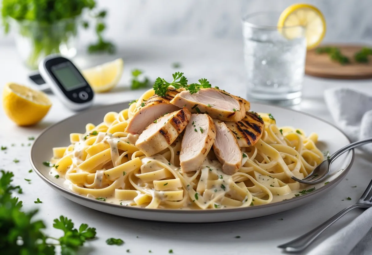A plate of chicken Alfredo pasta with grilled chicken slices and parsley garnish, accompanied by a glucose meter and a glass of water on a table.