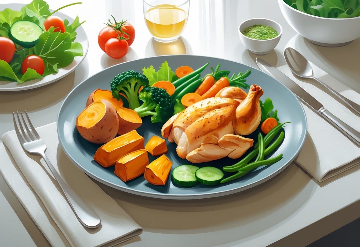 A plate with a balanced roast dinner including roasted chicken, steamed vegetables, roasted sweet potatoes, and a leafy green salad on a kitchen table.