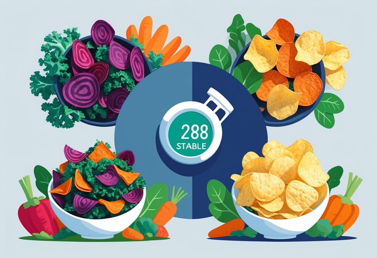 A bowl of colorful veggie chips with fresh vegetables on one side and a smaller bowl of regular potato chips on the other, with a blood sugar monitor between them.