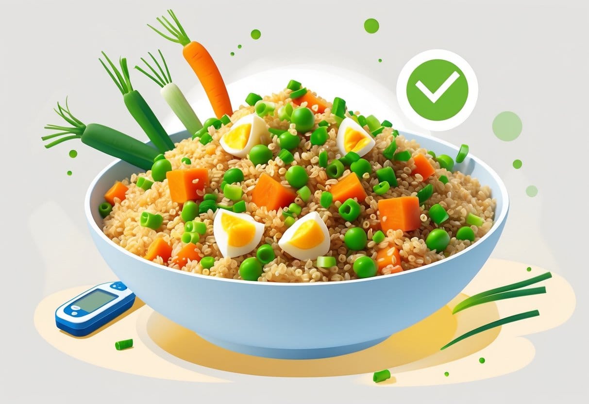 A bowl of fried rice made with quinoa and vegetables, accompanied by a glucose meter and a green checkmark symbolizing it is safe for diabetics.