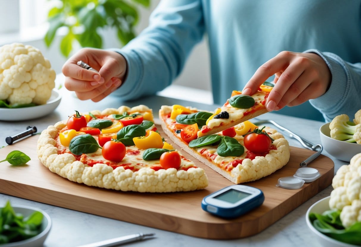 A person reaching for a slice of cauliflower crust pizza topped with vegetables, with a glucometer and cauliflower florets nearby on a kitchen table.