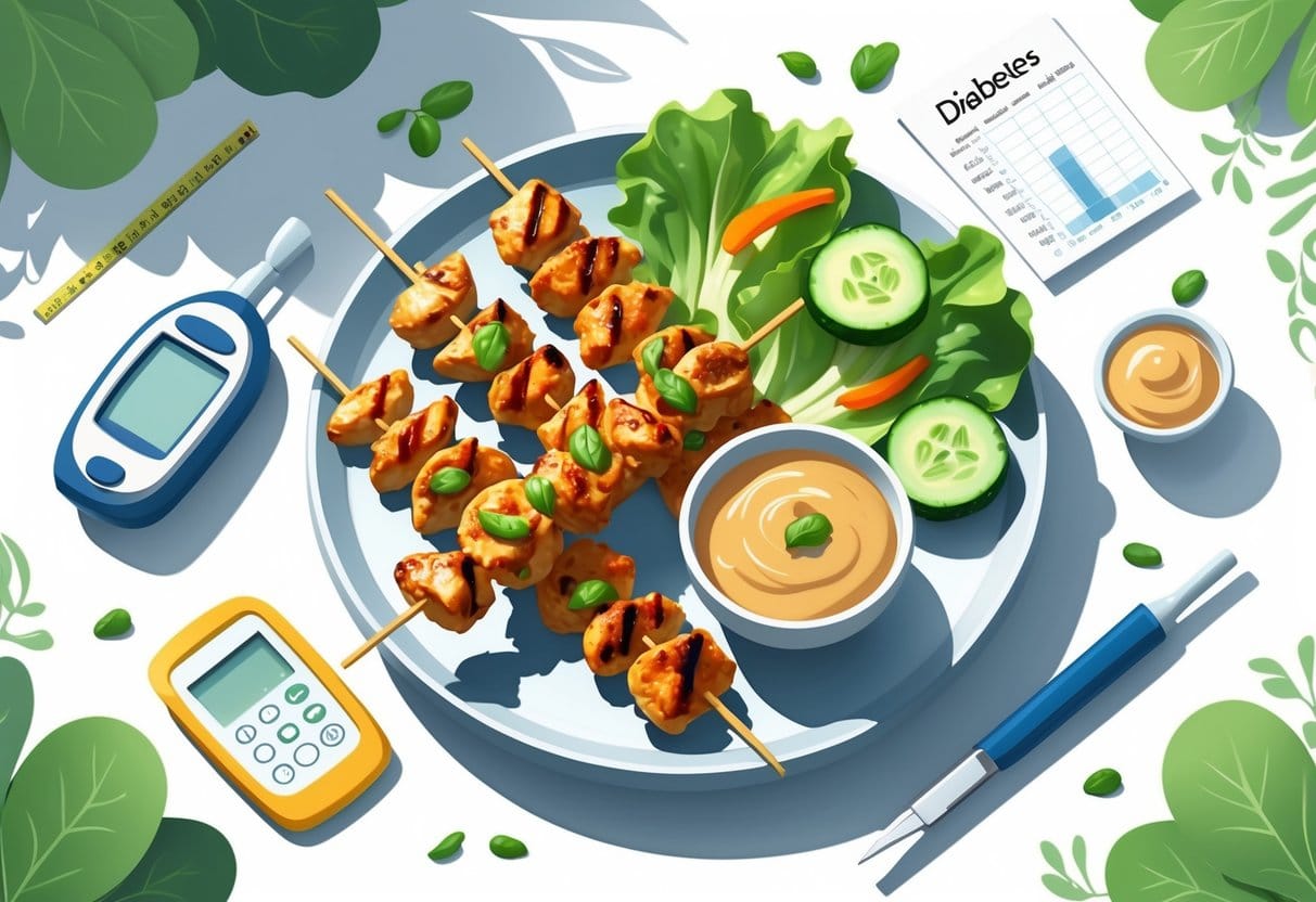 A plate of grilled chicken satay with peanut sauce and fresh vegetables, accompanied by a glucometer and a measuring tape on a light background.