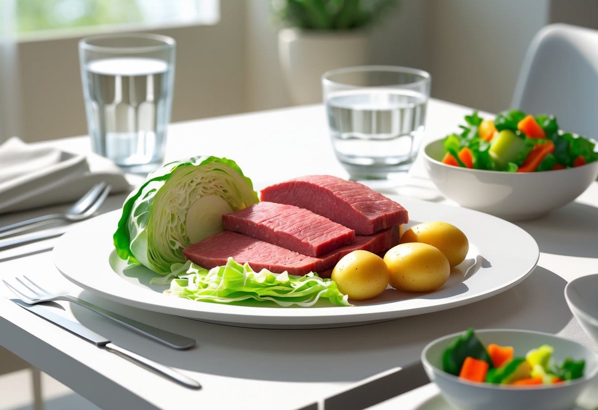 A plate with corned beef, cabbage, and potatoes on a kitchen table with a glass of water and a bowl of fresh vegetables.