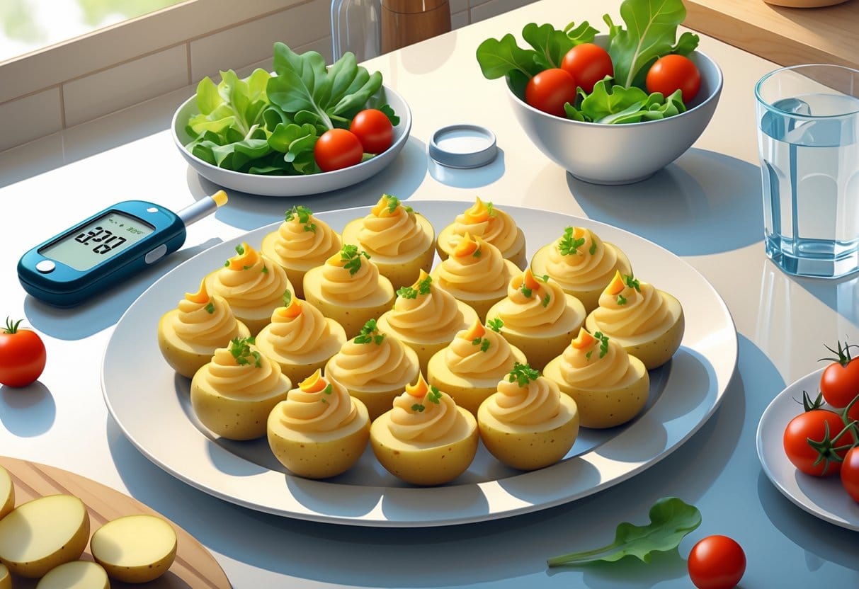 A plate of deviled potatoes on a kitchen countertop surrounded by a glucometer, fresh vegetables, and a glass of water.