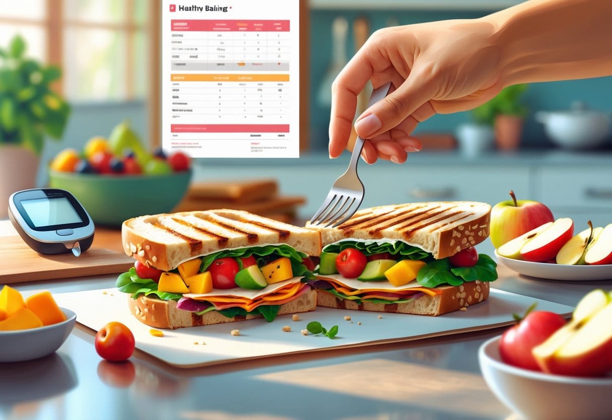 A kitchen countertop with a panini sandwich, a glucose meter, fresh fruit, and a hand reaching to eat the panini.