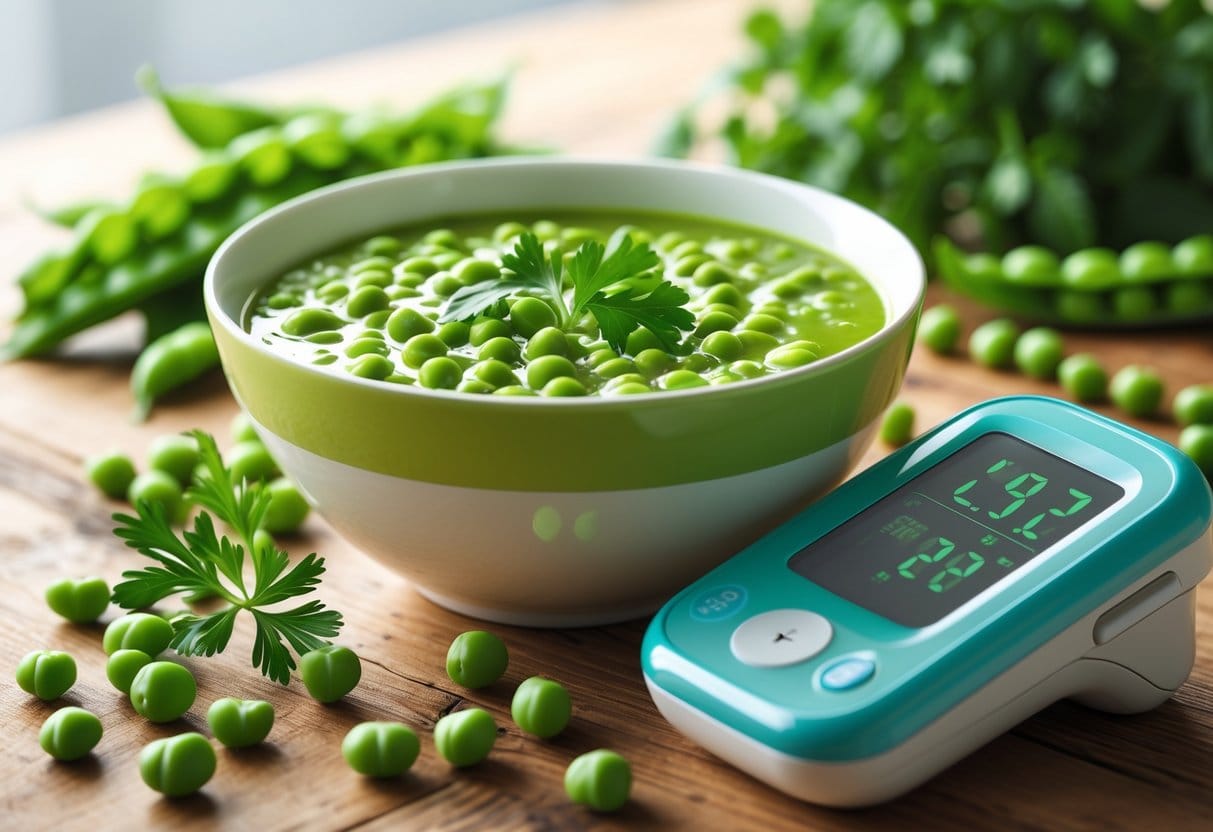A bowl of green split pea soup on a wooden table with fresh peas and herbs nearby, alongside a glucose monitor showing stable blood sugar levels.