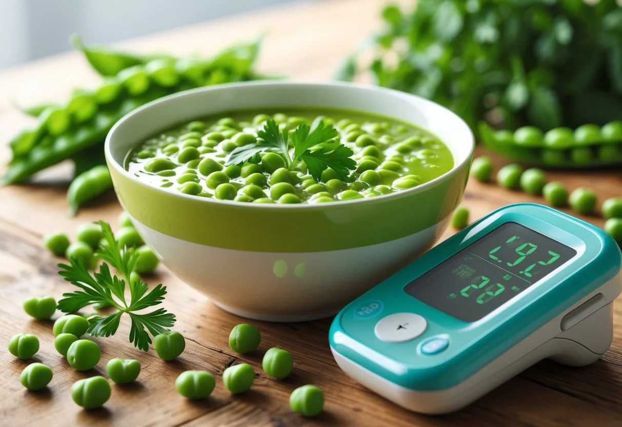 A bowl of green split pea soup on a wooden table with fresh peas and herbs nearby, alongside a glucose monitor showing stable blood sugar levels.