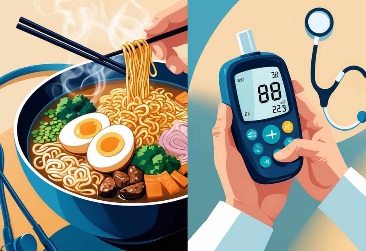 A bowl of instant ramen next to a person checking their blood sugar with a glucose meter, with medical items in the background.