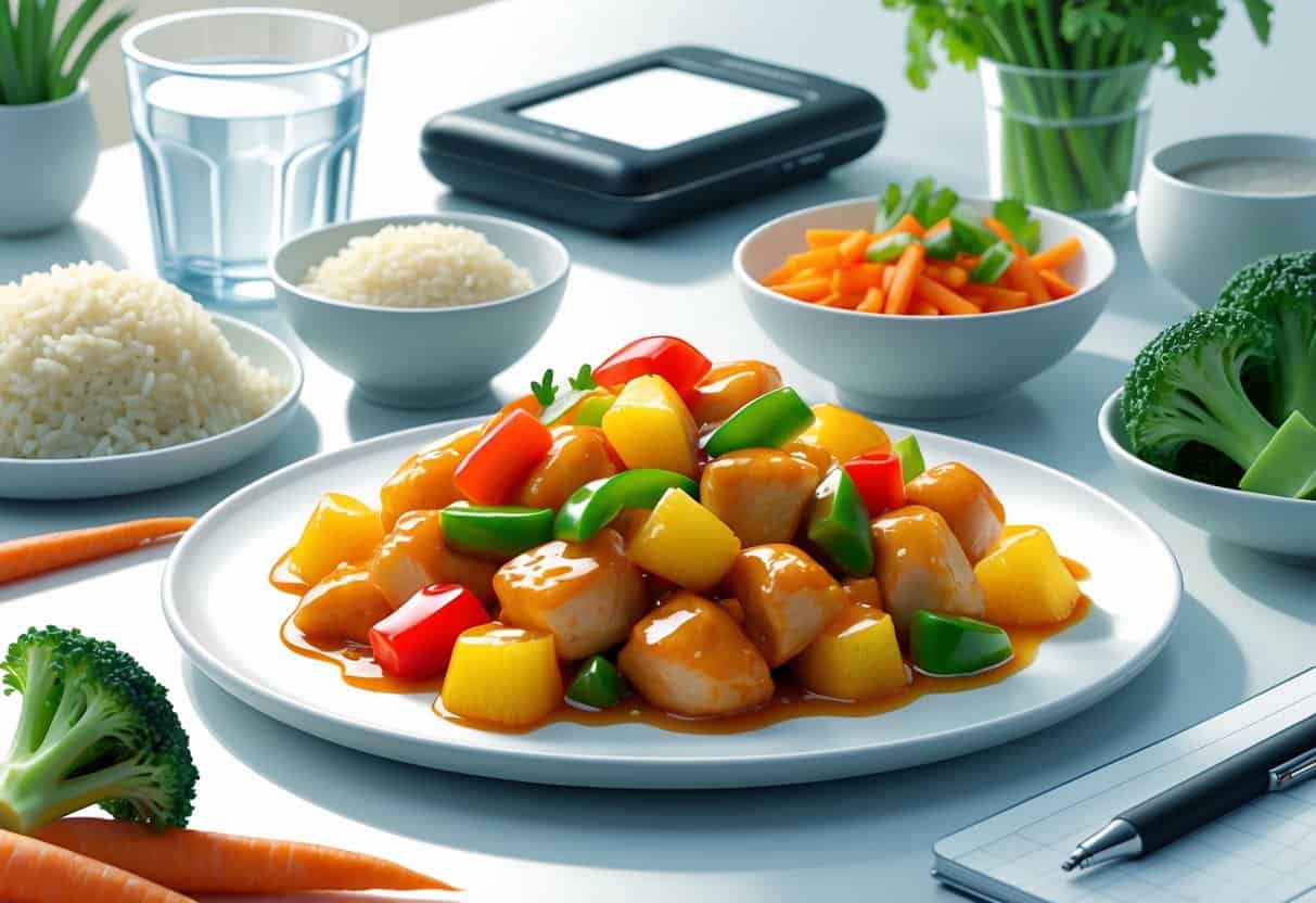 A plate of sweet and sour chicken with vegetables and brown rice, alongside a glucose monitor and notebook on a dining table.