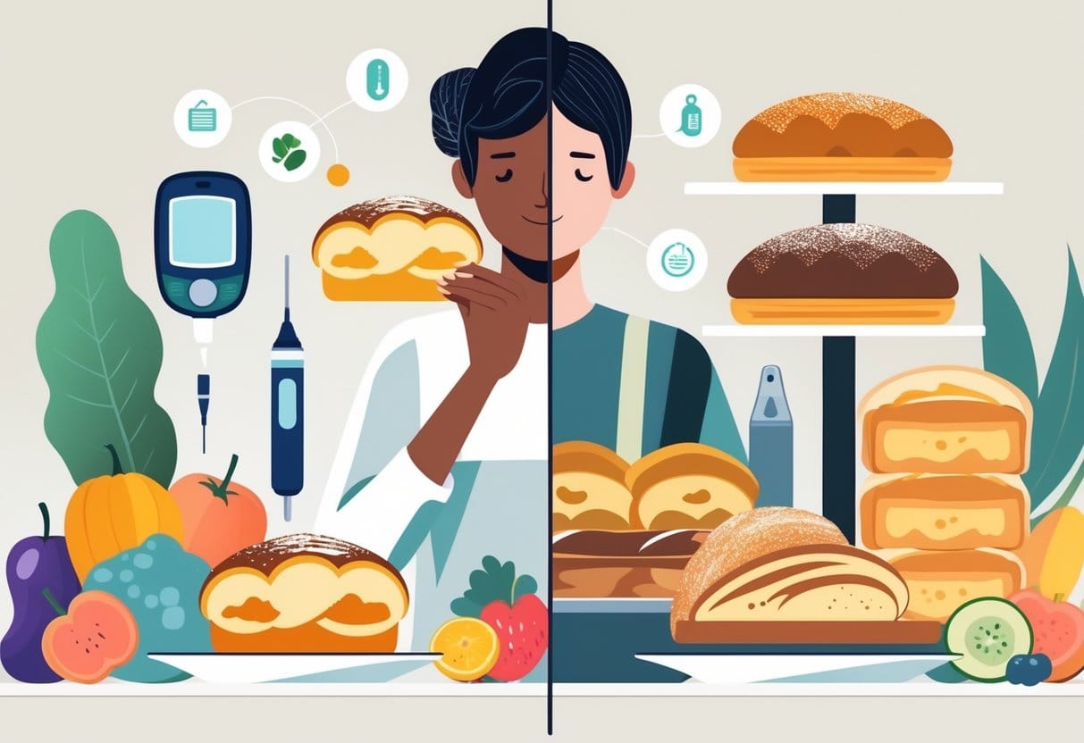 A person thoughtfully holding a piece of sweet bread with diabetes management items nearby and a plate of sweet breads shown in moderation.