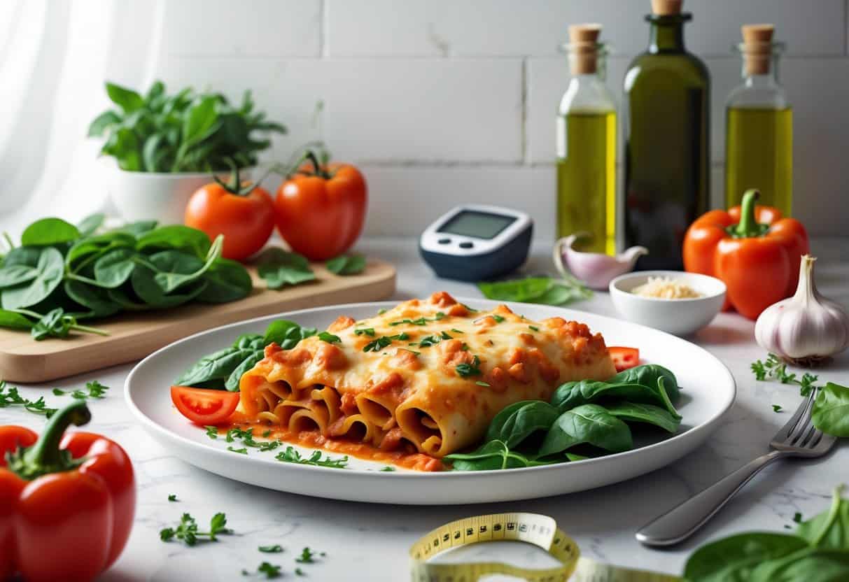 A plate of baked ziti with fresh vegetables on a kitchen countertop alongside a glucose monitor and measuring tape.
