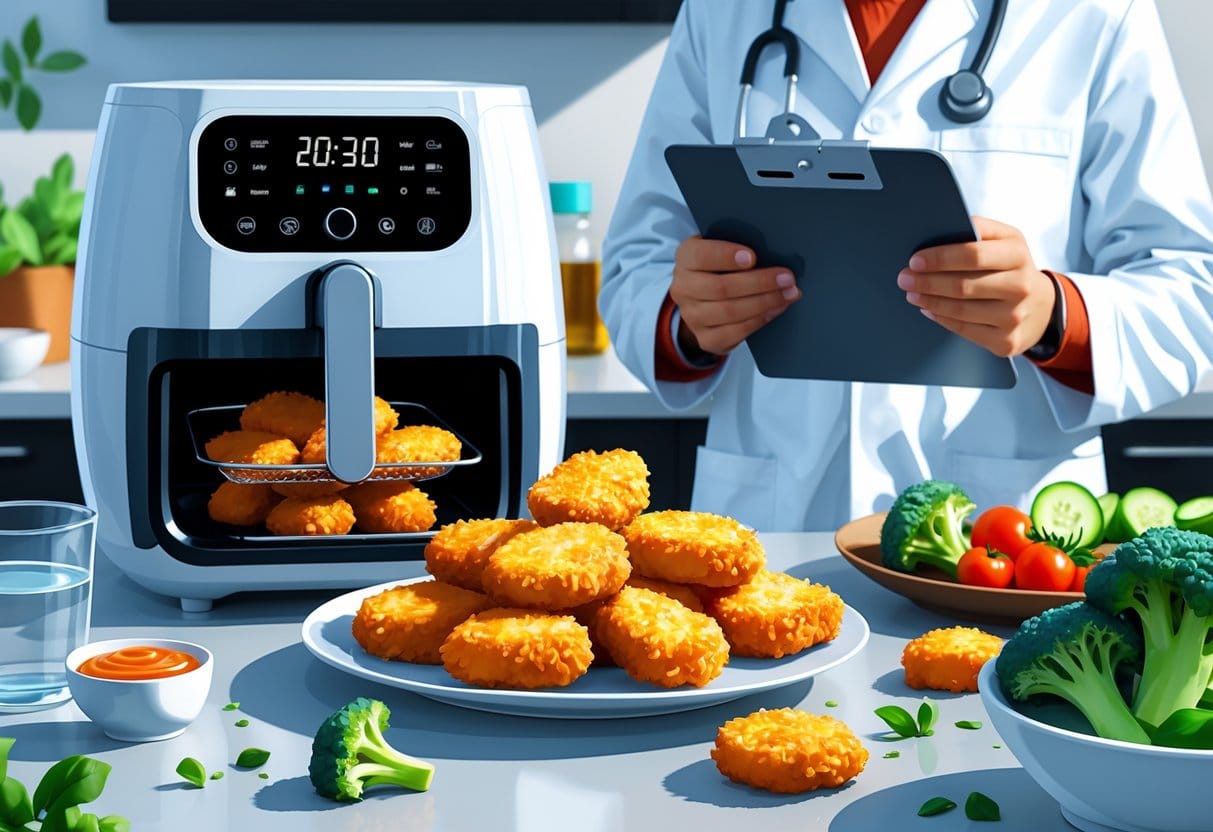 A kitchen scene with a plate of air-fried chicken nuggets, fresh vegetables, an air fryer, and a person in a lab coat holding a clipboard.