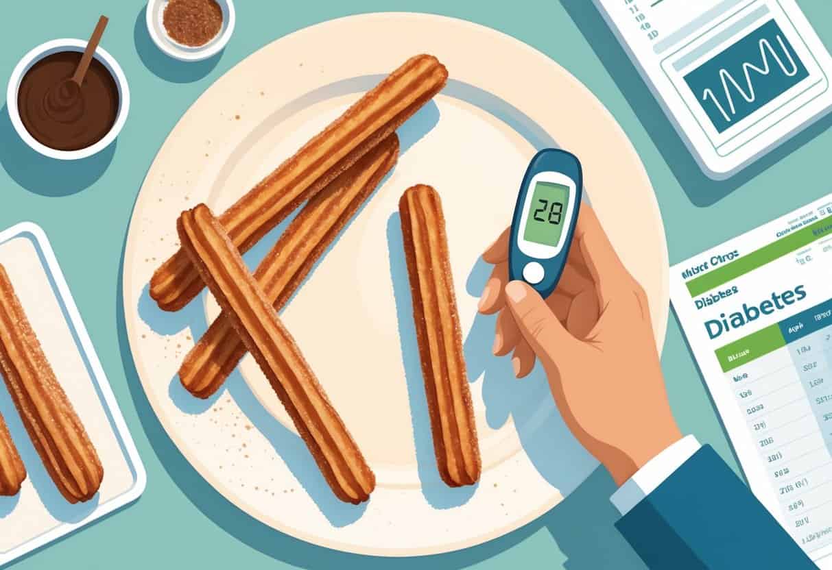 A plate of churros with chocolate sauce next to a glucometer and diabetes test strip, with a hand holding a churro in between.