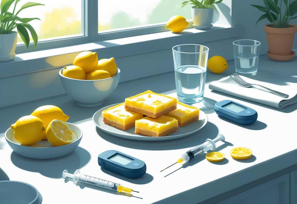 A kitchen countertop with lemon bars, fresh lemons, a glucose meter, insulin supplies, and a glass of water.