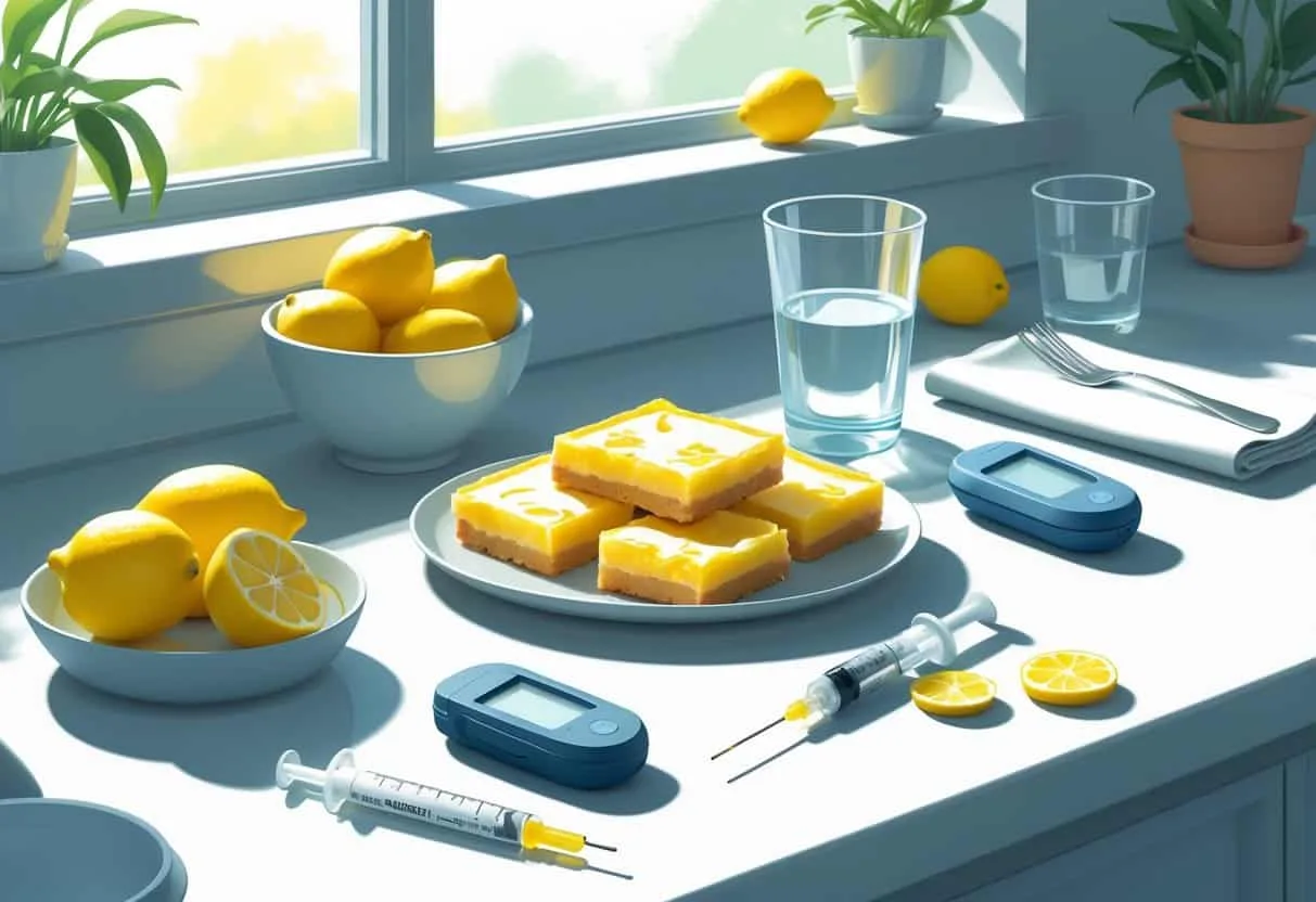 A kitchen countertop with lemon bars, fresh lemons, a glucose meter, insulin supplies, and a glass of water.