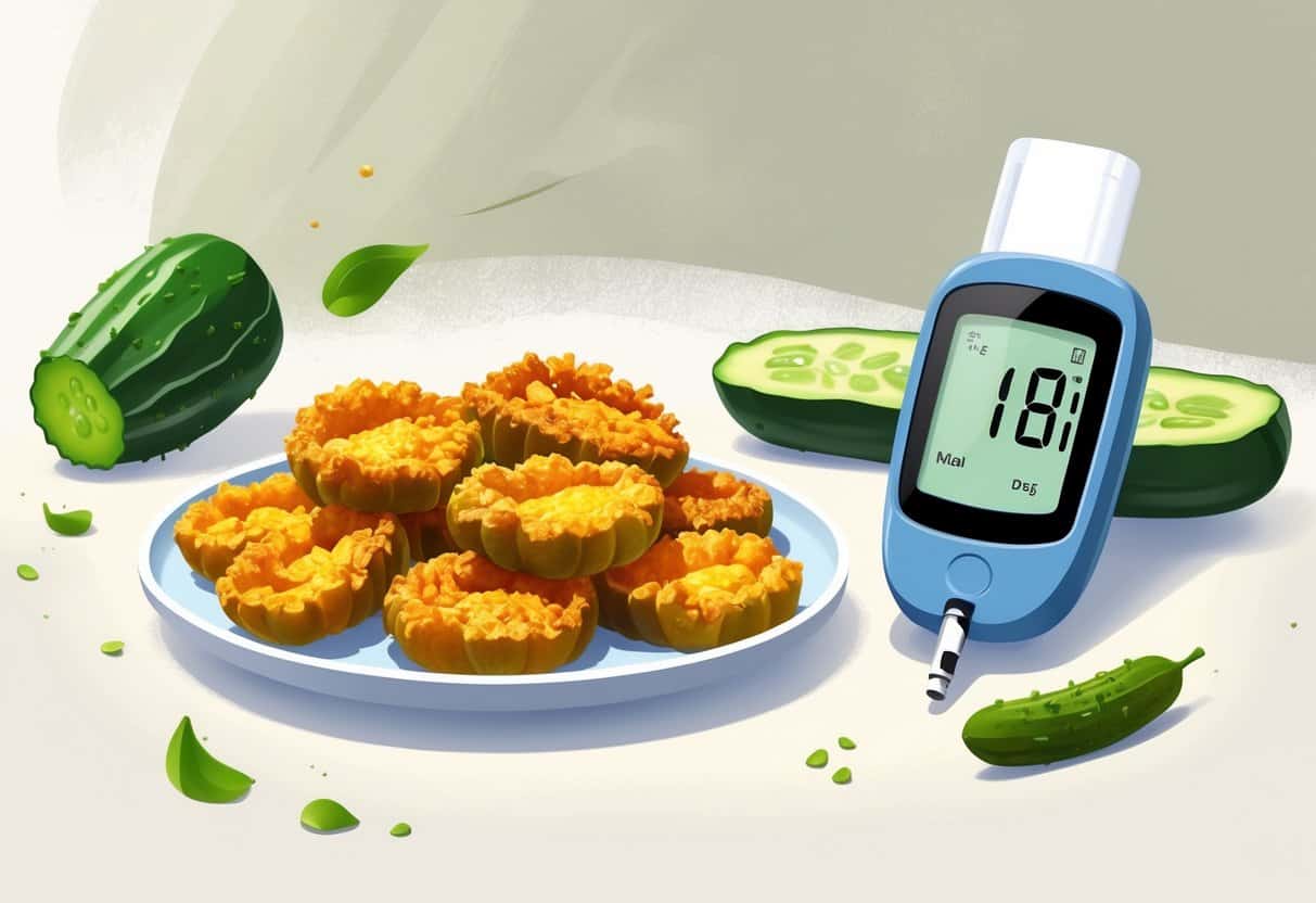 A plate with fried pickles next to a glucometer showing a blood sugar reading, with cucumber slices and vinegar nearby.