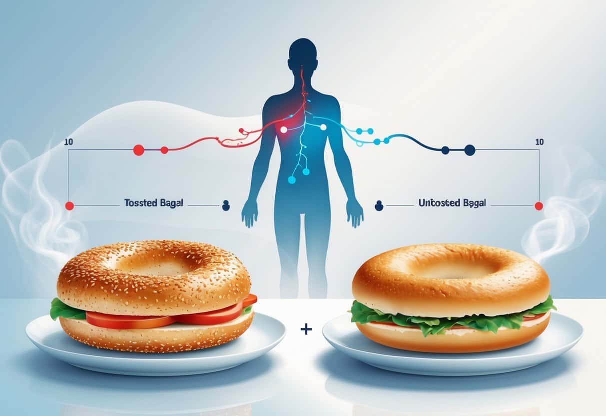 A comparison of a toasted bagel and an untoasted bagel on plates with a transparent human figure showing blood vessels and glucose flow between them.
